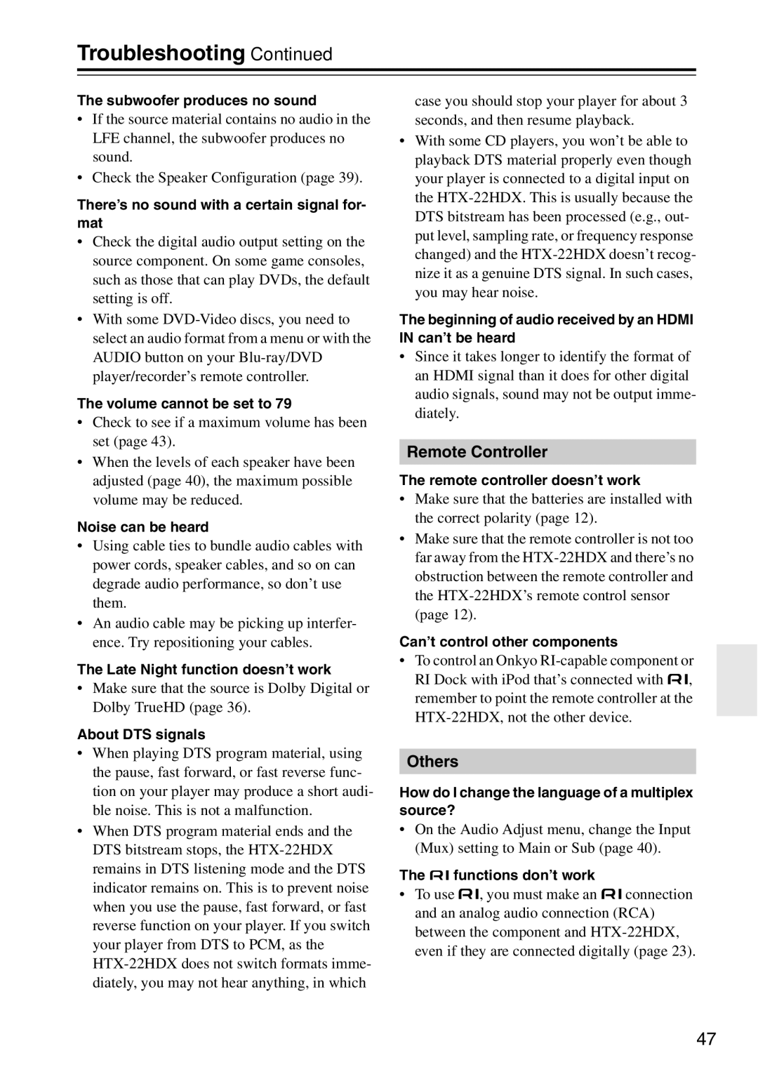 Onkyo HTX-22HDXST, HTX-22HDXPAW instruction manual Troubleshooting 