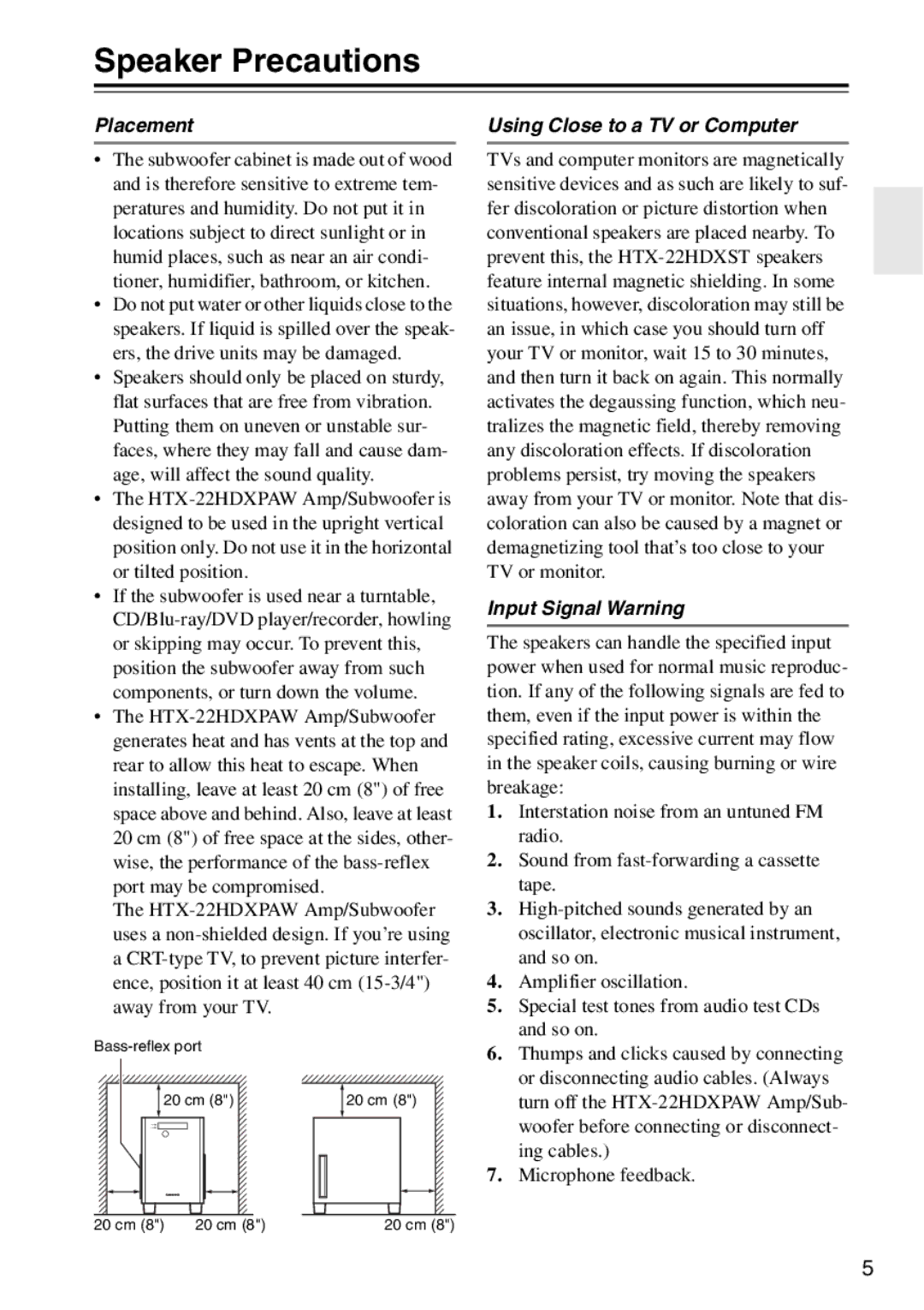 Onkyo HTX-22HDXST, HTX-22HDXPAW Speaker Precautions, Placement, Using Close to a TV or Computer, Input Signal Warning 