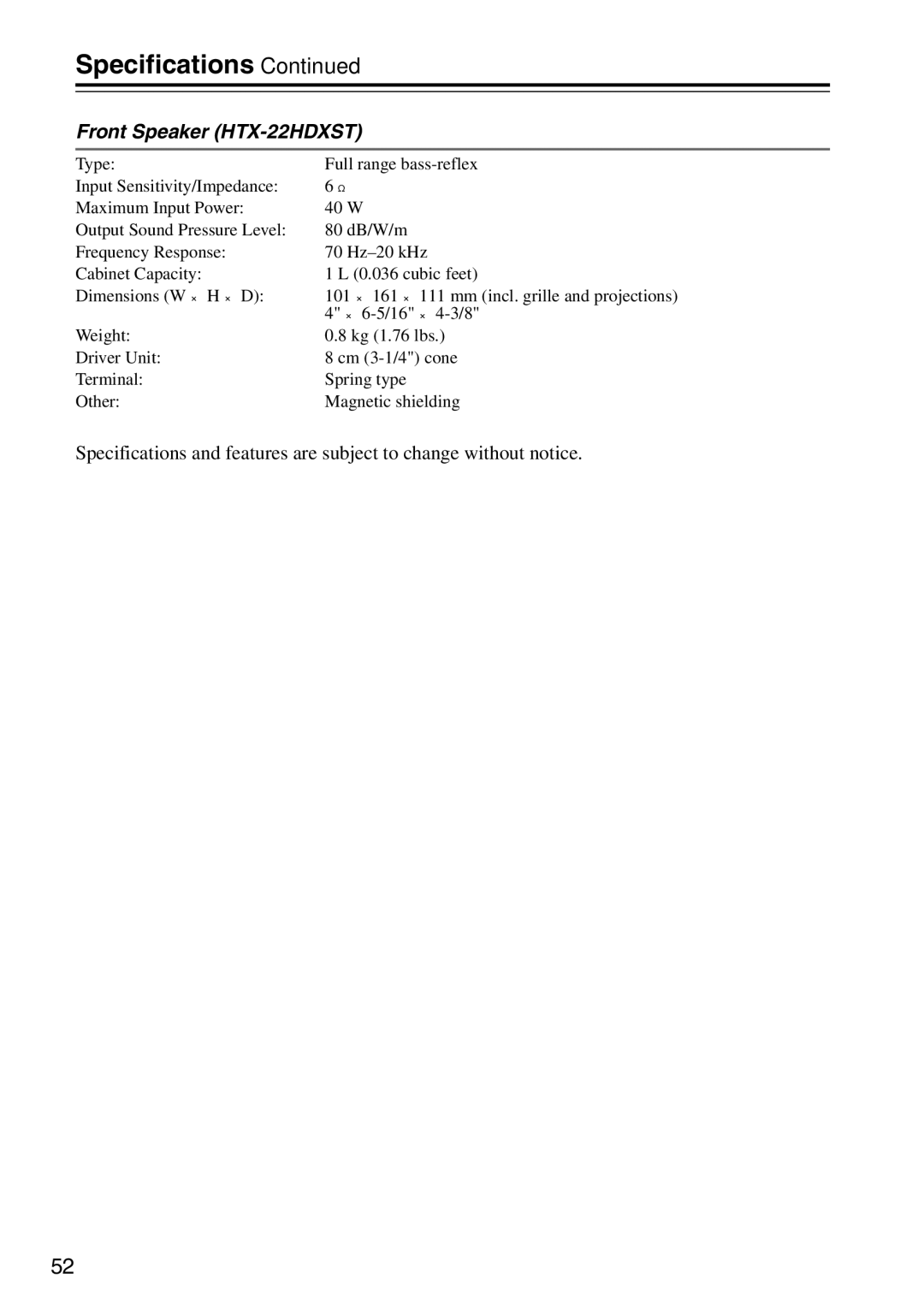 Onkyo HTX-22HDXPAW instruction manual Specifications, Front Speaker HTX-22HDXST 