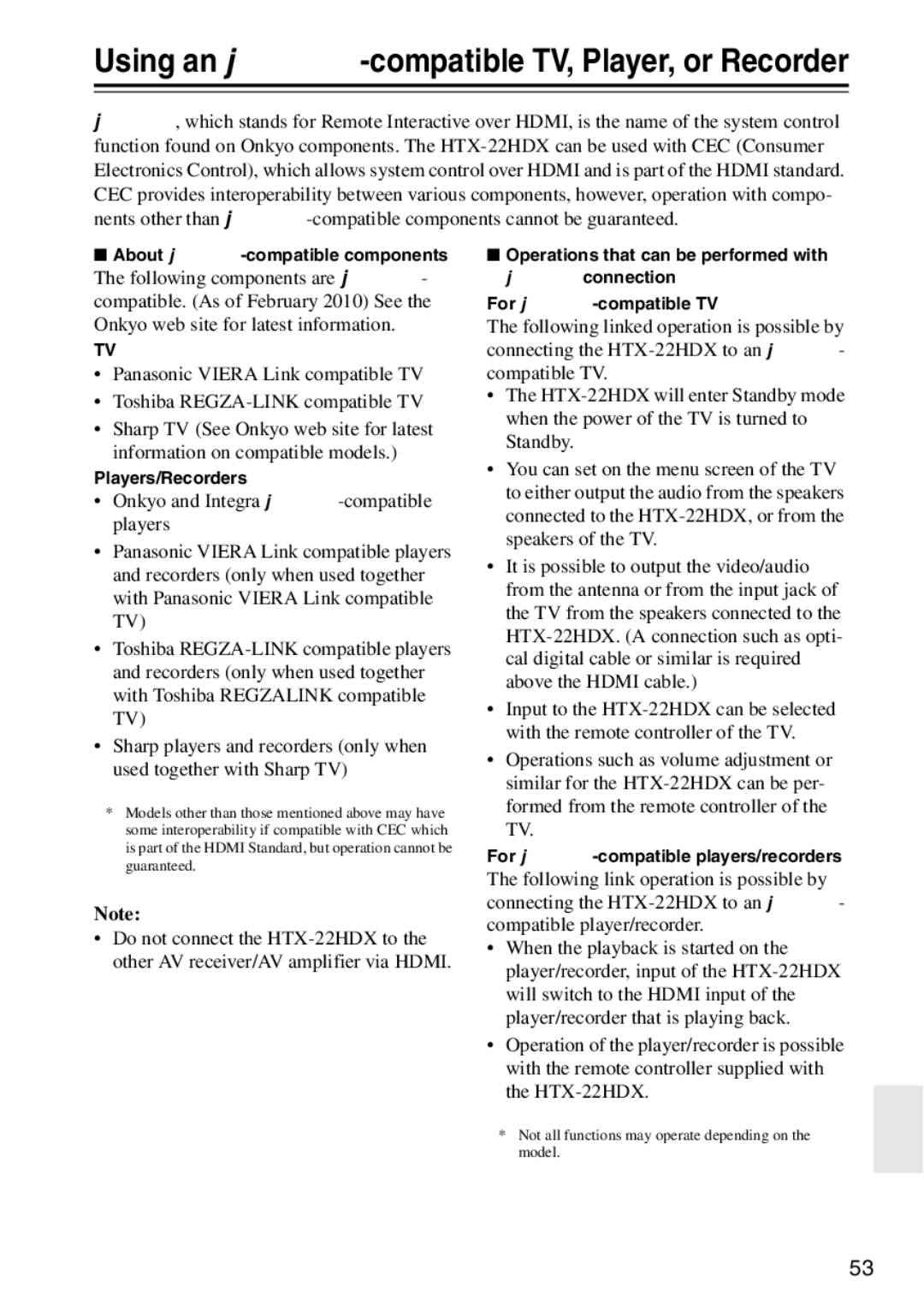 Onkyo HTX-22HDX Using an -compatible TV, Player, or Recorder, About -compatible components, Players/Recorders 