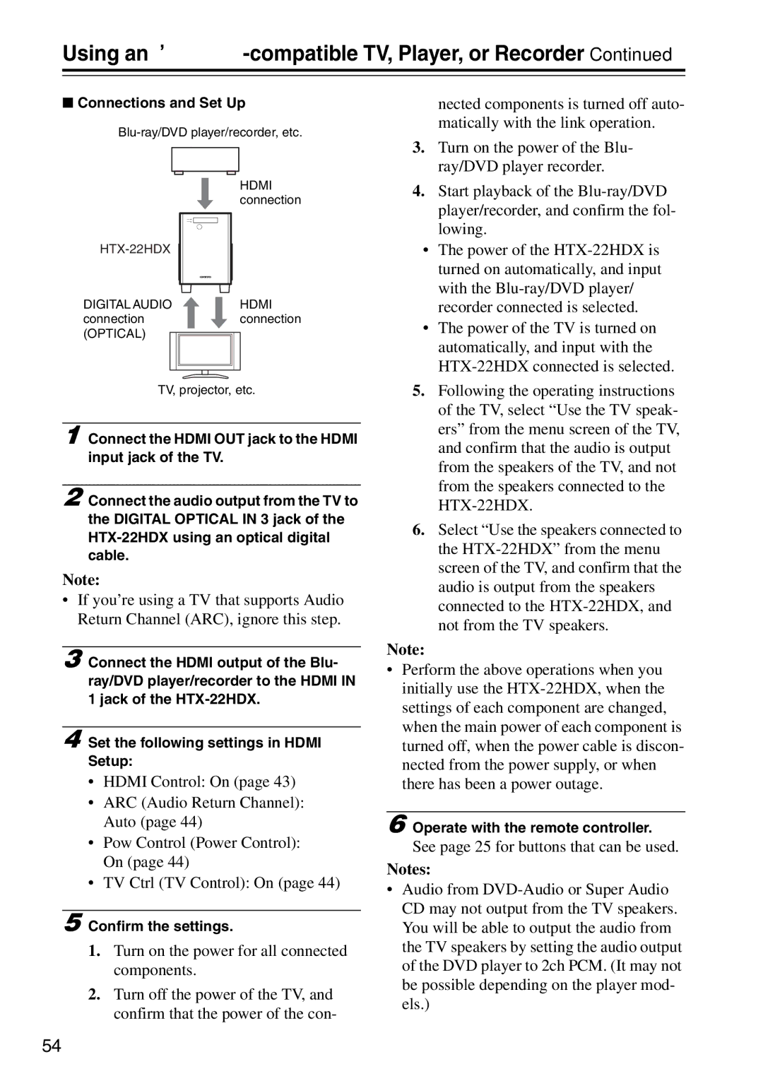 Onkyo HTX-22HDXST Using an -compatible TV, Player, or Recorder, Connections and Set Up, Confirm the settings 