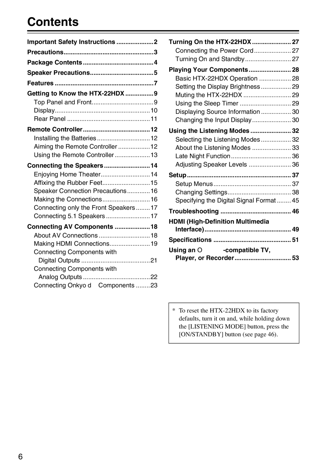 Onkyo HTX-22HDXST, HTX-22HDXPAW instruction manual Contents 