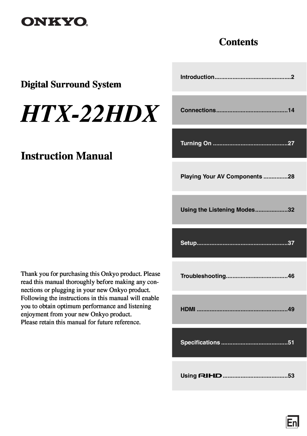 Onkyo HTX-22HDXPAW instruction manual Contents, Digital Surround System, Turning On, Setup, Specifications, Introduction 