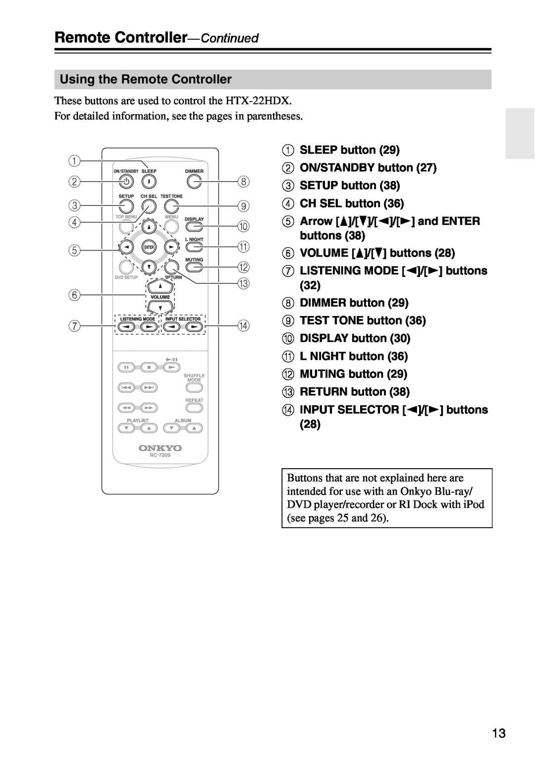 Onkyo HTX-22HDXPAW Remote Controller-Continued, Using the Remote Controller, id CH SEL button, kf VOLUME / buttons 