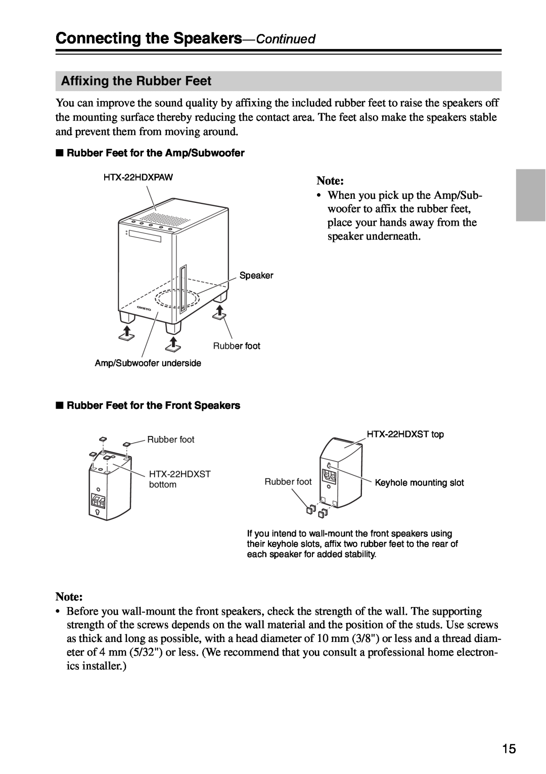 Onkyo HTX-22HDXST, HTX-22HDXPAW instruction manual Connecting the Speakers-Continued, Affixing the Rubber Feet 