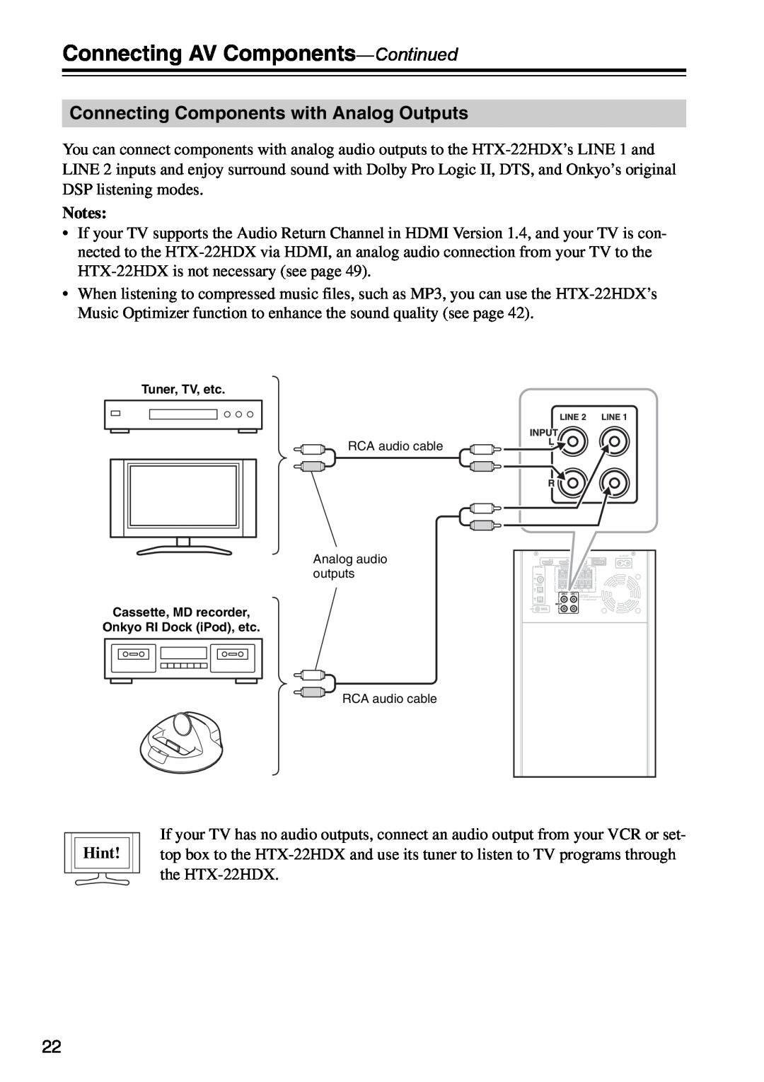Onkyo HTX-22HDXPAW Connecting Components with Analog Outputs, Connecting AV Components-Continued, Tuner, TV, etc 