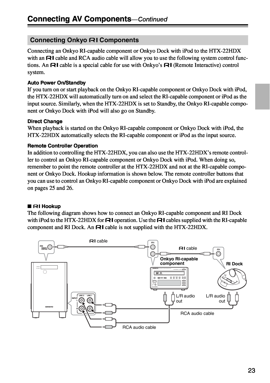 Onkyo HTX-22HDX Connecting Onkyo Components, Connecting AV Components-Continued, Auto Power On/Standby, Direct Change 