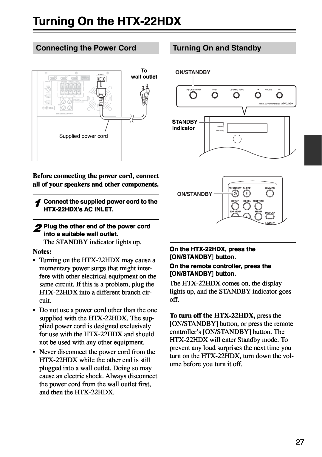 Onkyo HTX-22HDXST, HTX-22HDXPAW Turning On the HTX-22HDX, Connecting the Power Cord, Turning On and Standby 
