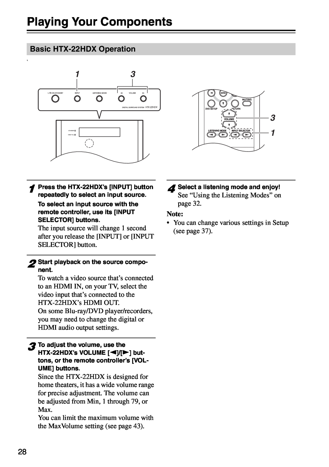 Onkyo HTX-22HDXPAW, HTX-22HDXST instruction manual Playing Your Components, Basic HTX-22HDXOperation 