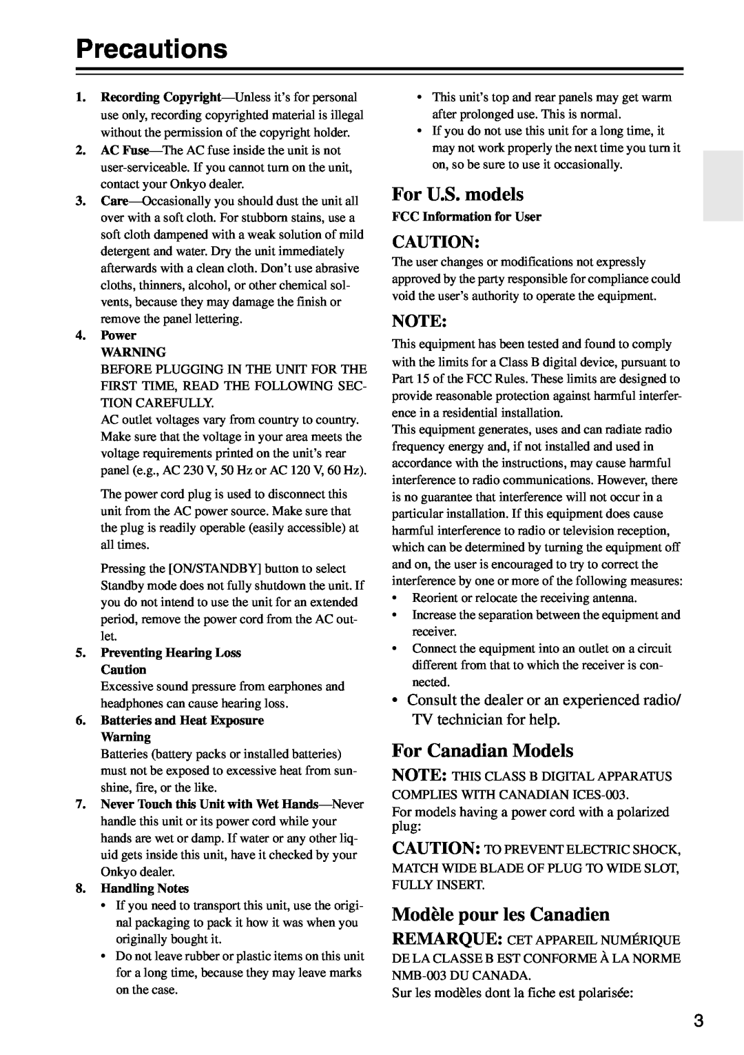 Onkyo HTX-22HDXST Precautions, For U.S. models, For Canadian Models, Modèle pour les Canadien, Power, Handling Notes 