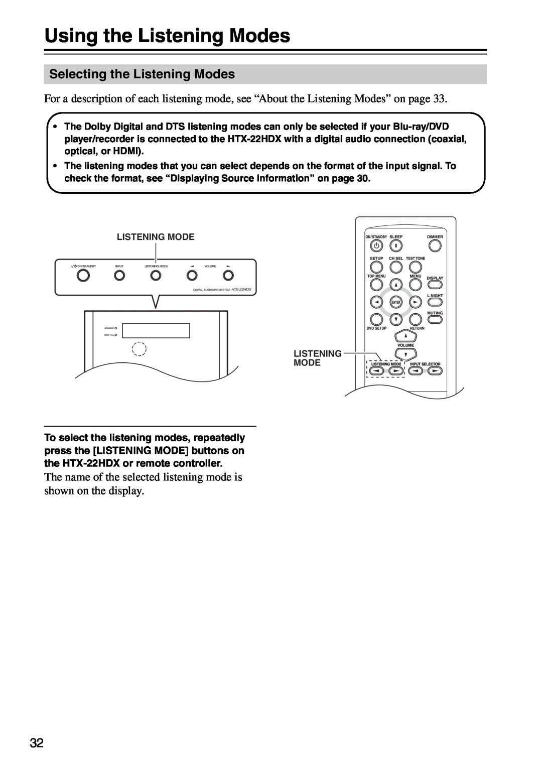 Onkyo HTX-22HDXST, HTX-22HDXPAW instruction manual Using the Listening Modes, Selecting the Listening Modes 