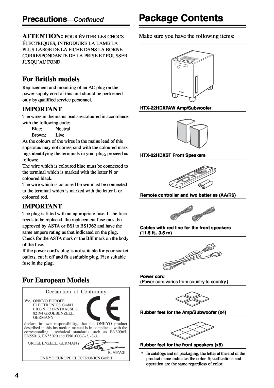 Onkyo HTX-22HDXPAW, HTX-22HDXST Package Contents, Precautions-Continued, For British models, For European Models 