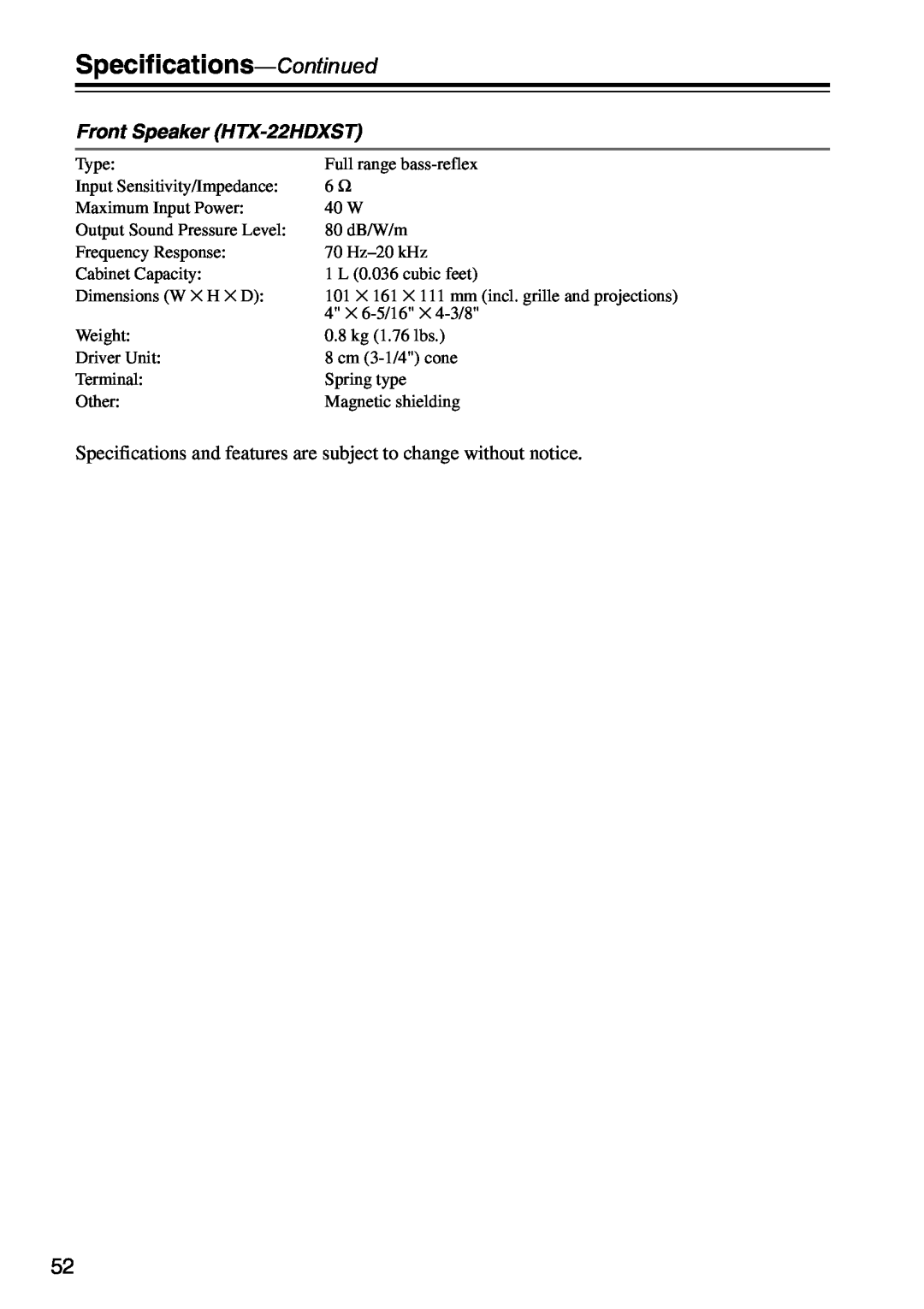 Onkyo HTX-22HDXPAW instruction manual Specifications-Continued, Front Speaker HTX-22HDXST 