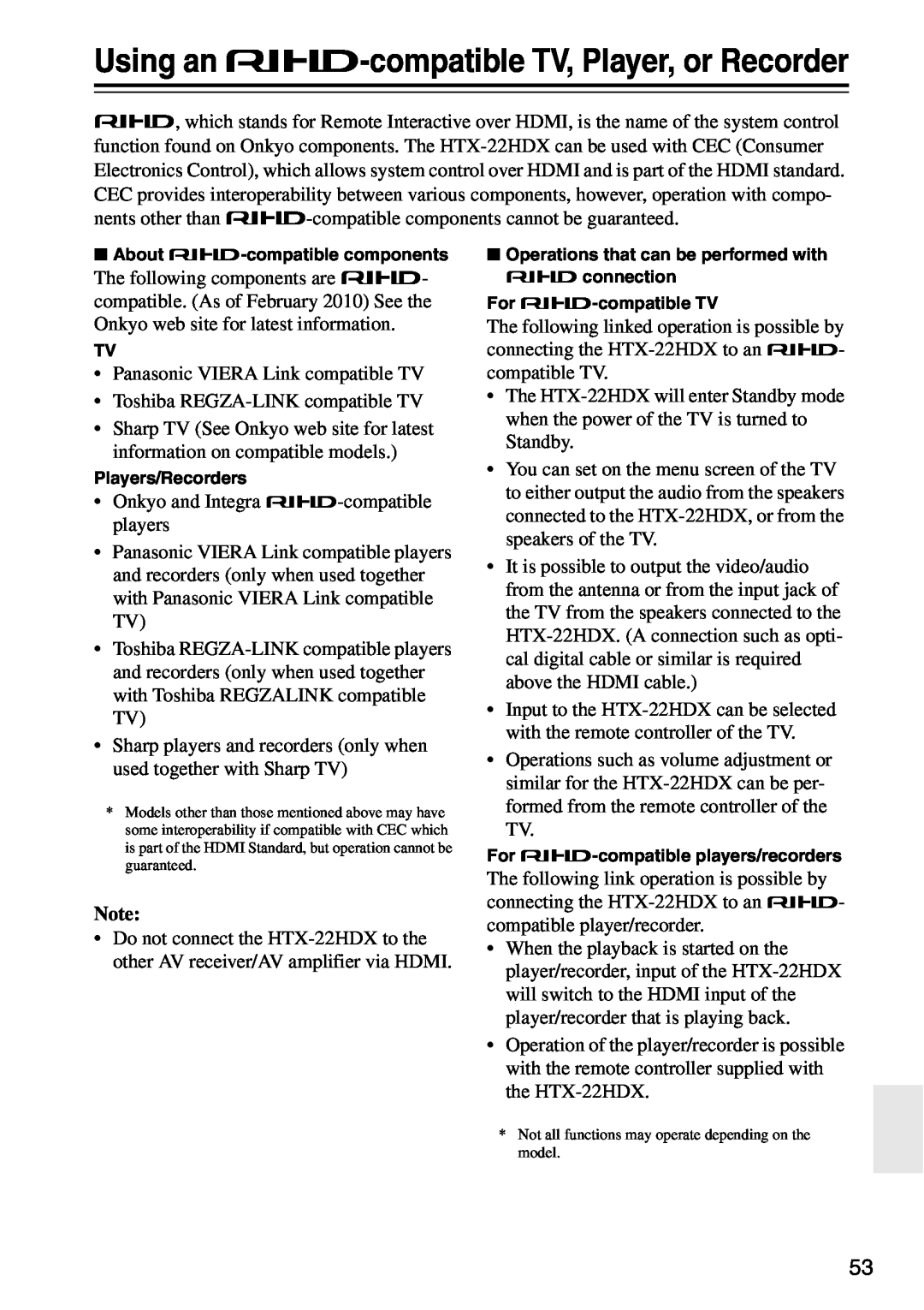 Onkyo HTX-22HDXST, HTX-22HDXPAW instruction manual Using an -compatibleTV, Player, or Recorder 