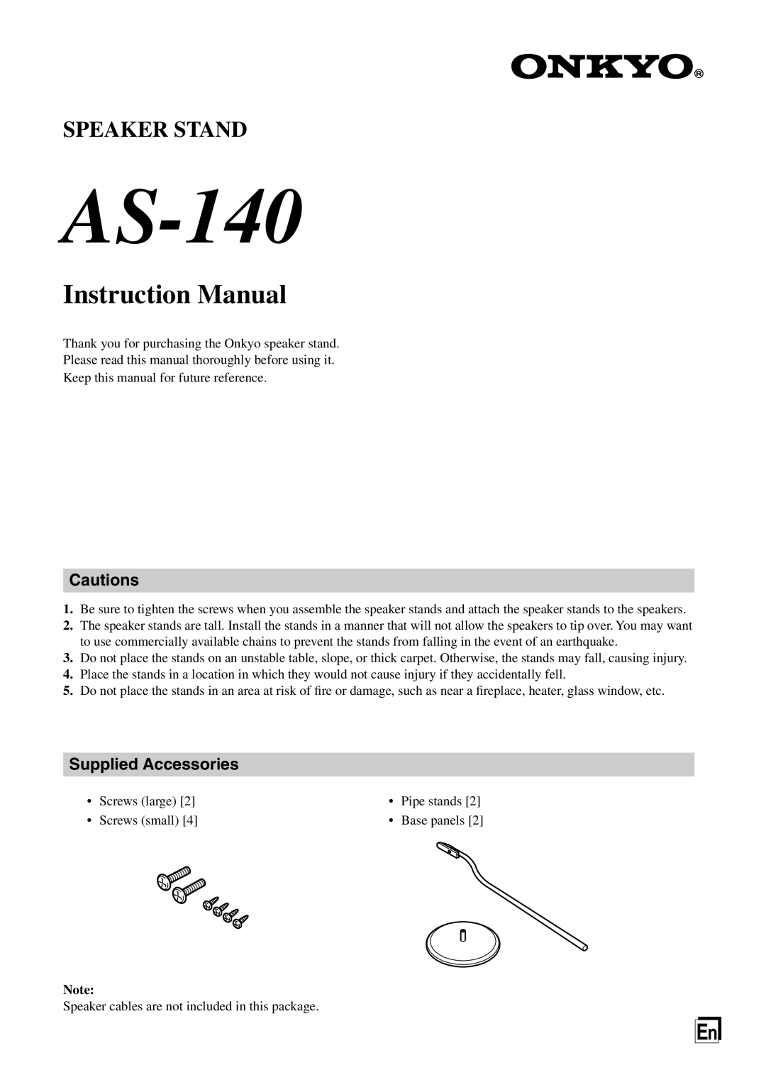 Onkyo AS-140, I0807-1, 29344872 instruction manual Supplied Accessories 