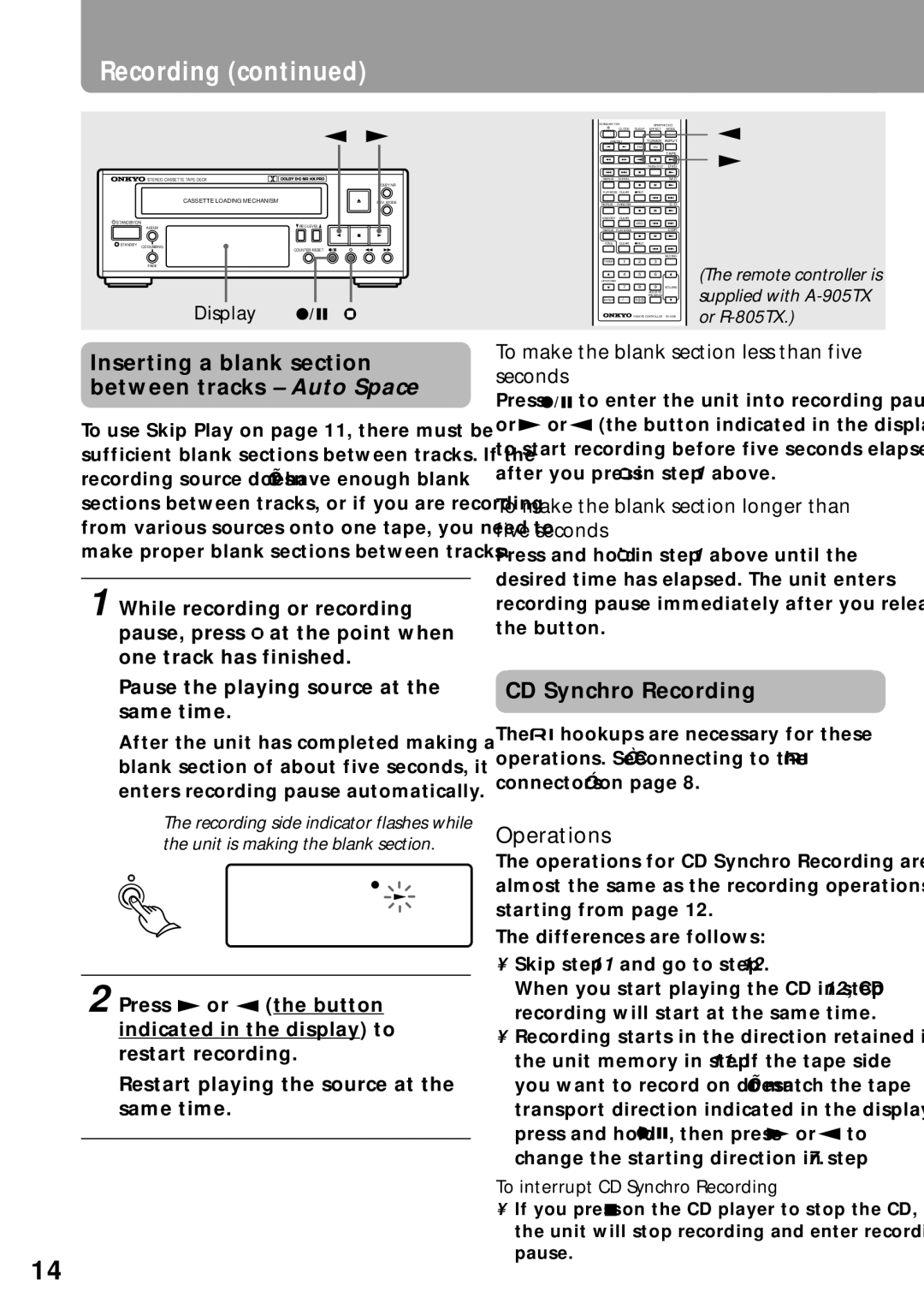 Onkyo K-505TX instruction manual Inserting a blank section between tracks Auto Space, CD Synchro Recording, Operations 