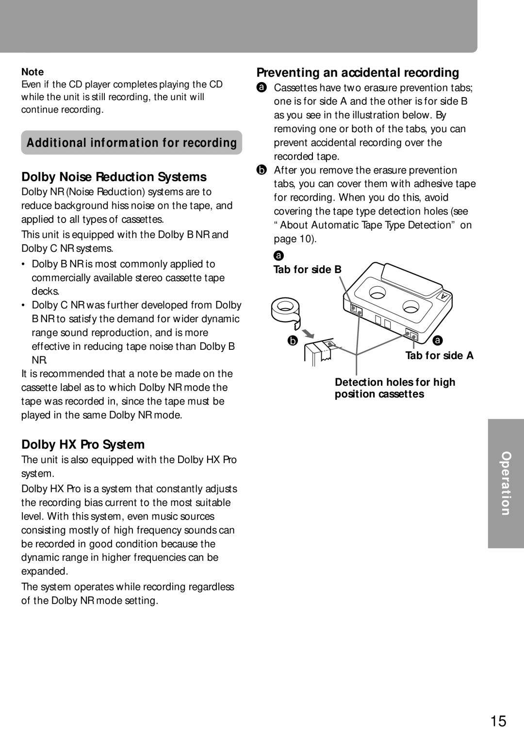 Onkyo K-505TX instruction manual Dolby HX Pro System, Preventing an accidental recording 