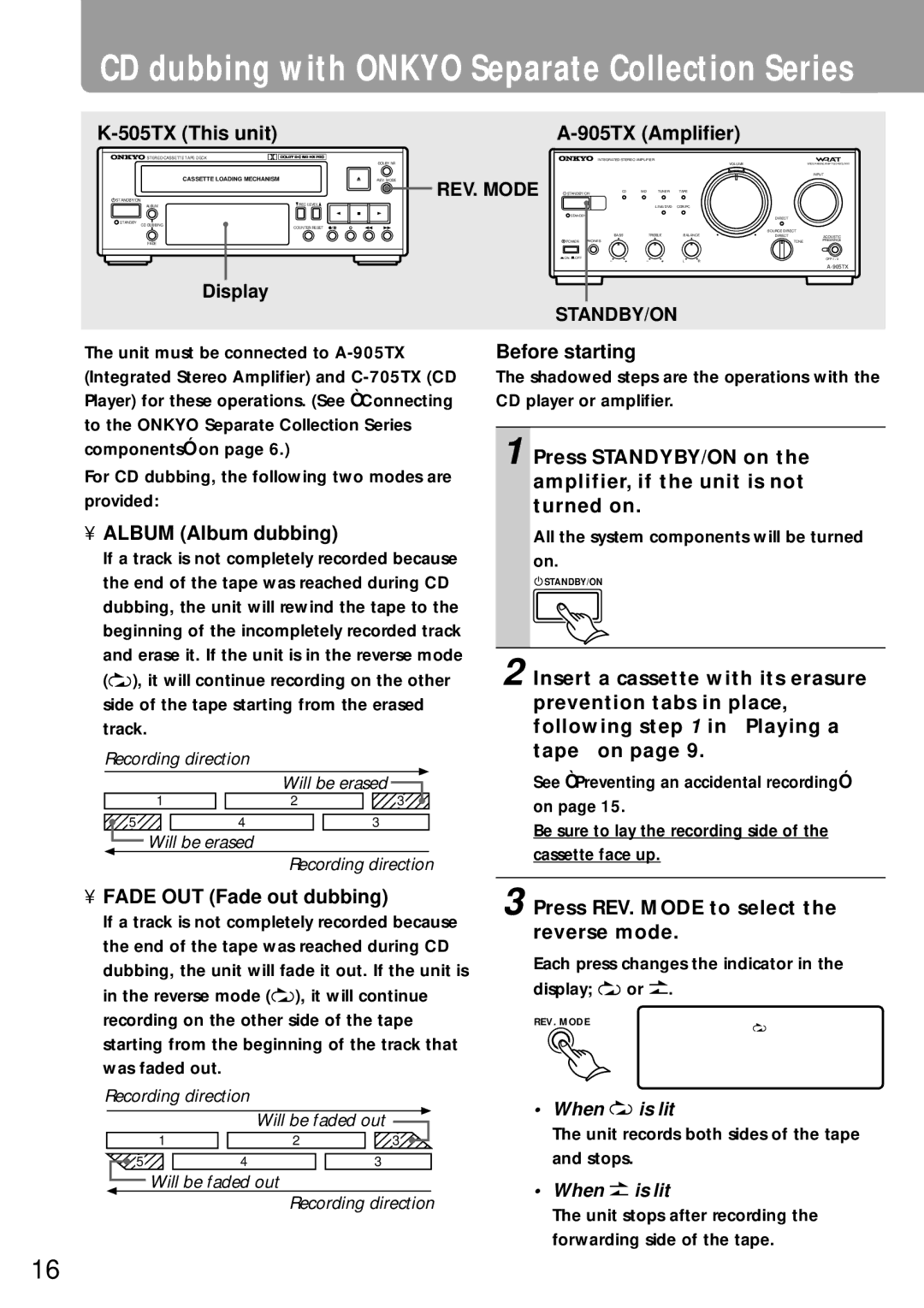 Onkyo K-505TX instruction manual 505TX This unit, 905TX Amplifier, Album Album dubbing, Fade OUT Fade out dubbing 