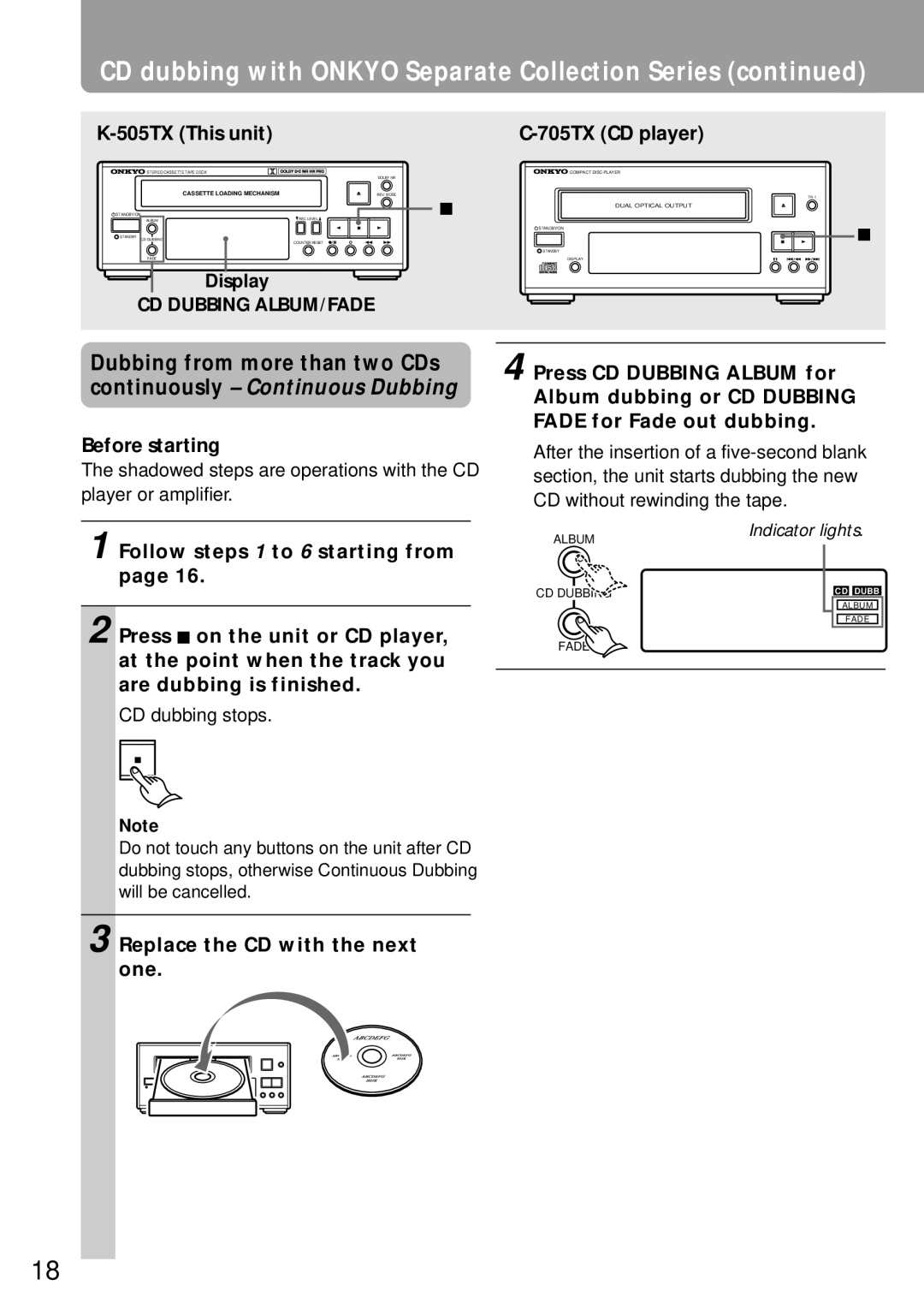 Onkyo K-505TX instruction manual CD dubbing with Onkyo Separate Collection Series 