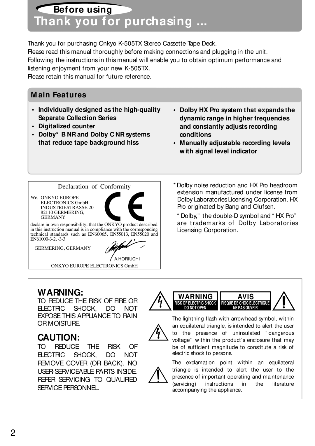 Onkyo K-505TX instruction manual Thank you for purchasing, Main Features 