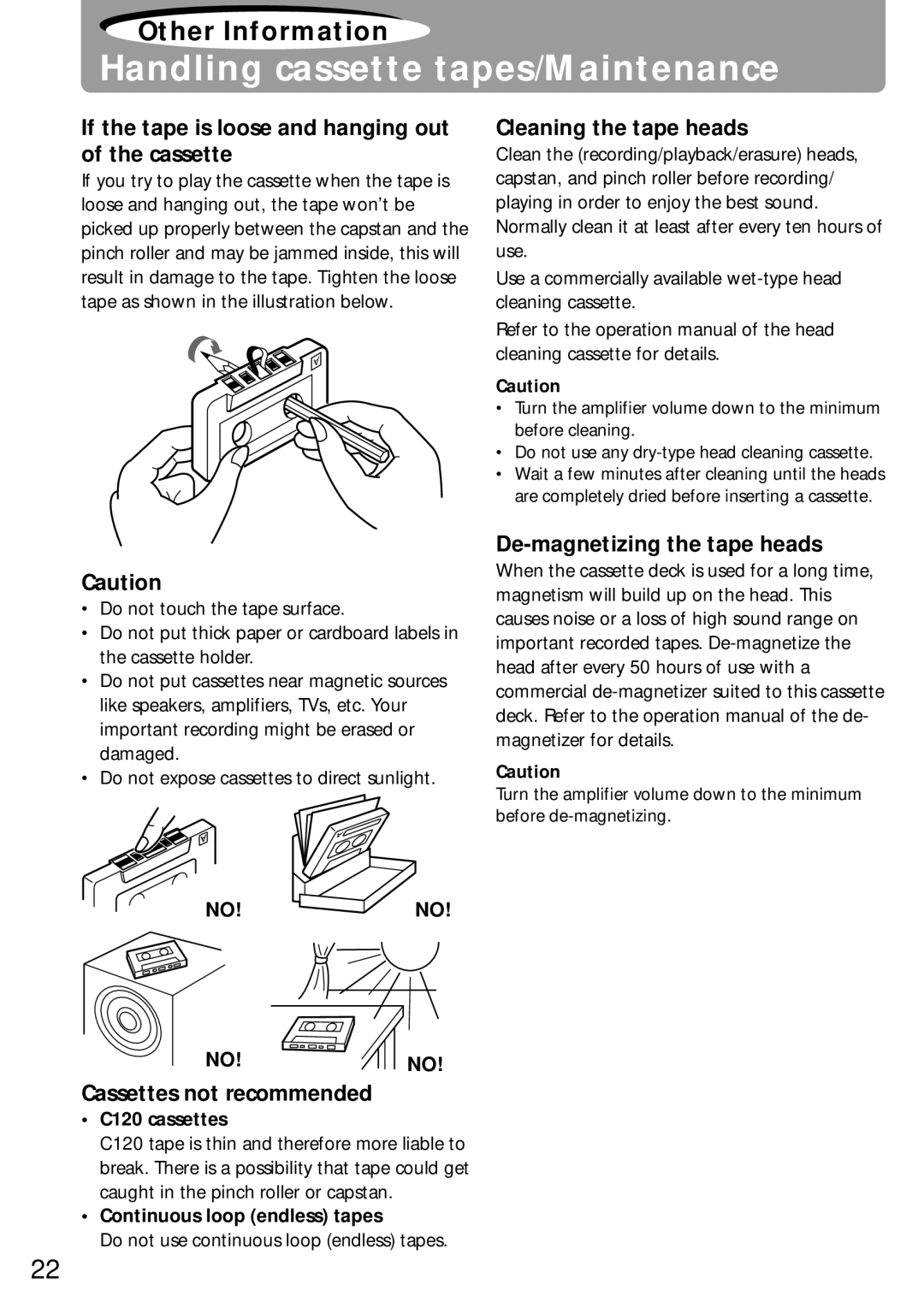 Onkyo K-505TX instruction manual Handling cassette tapes/Maintenance, If the tape is loose and hanging out of the cassette 