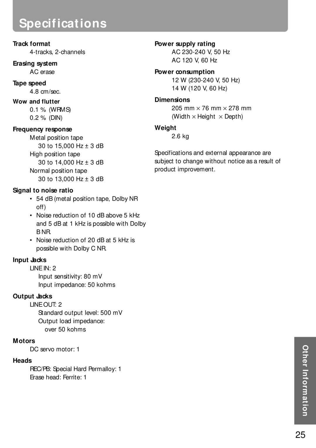 Onkyo K-505TX instruction manual Specifications 