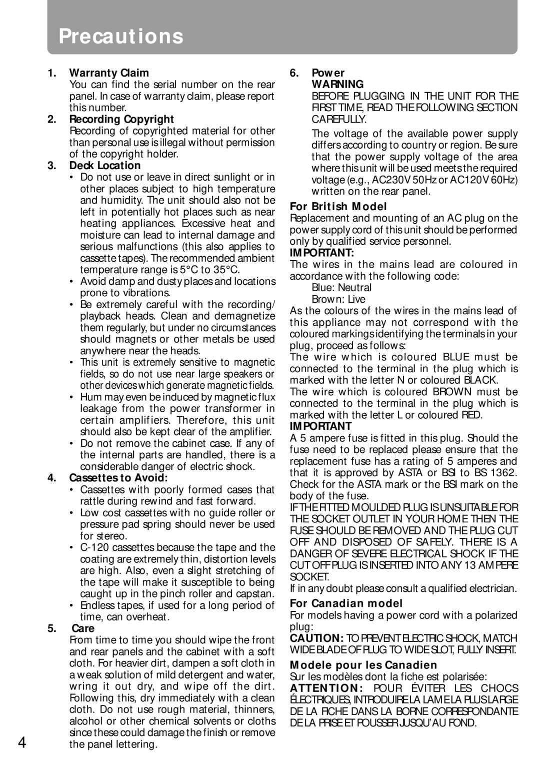 Onkyo K-505TX instruction manual Precautions 