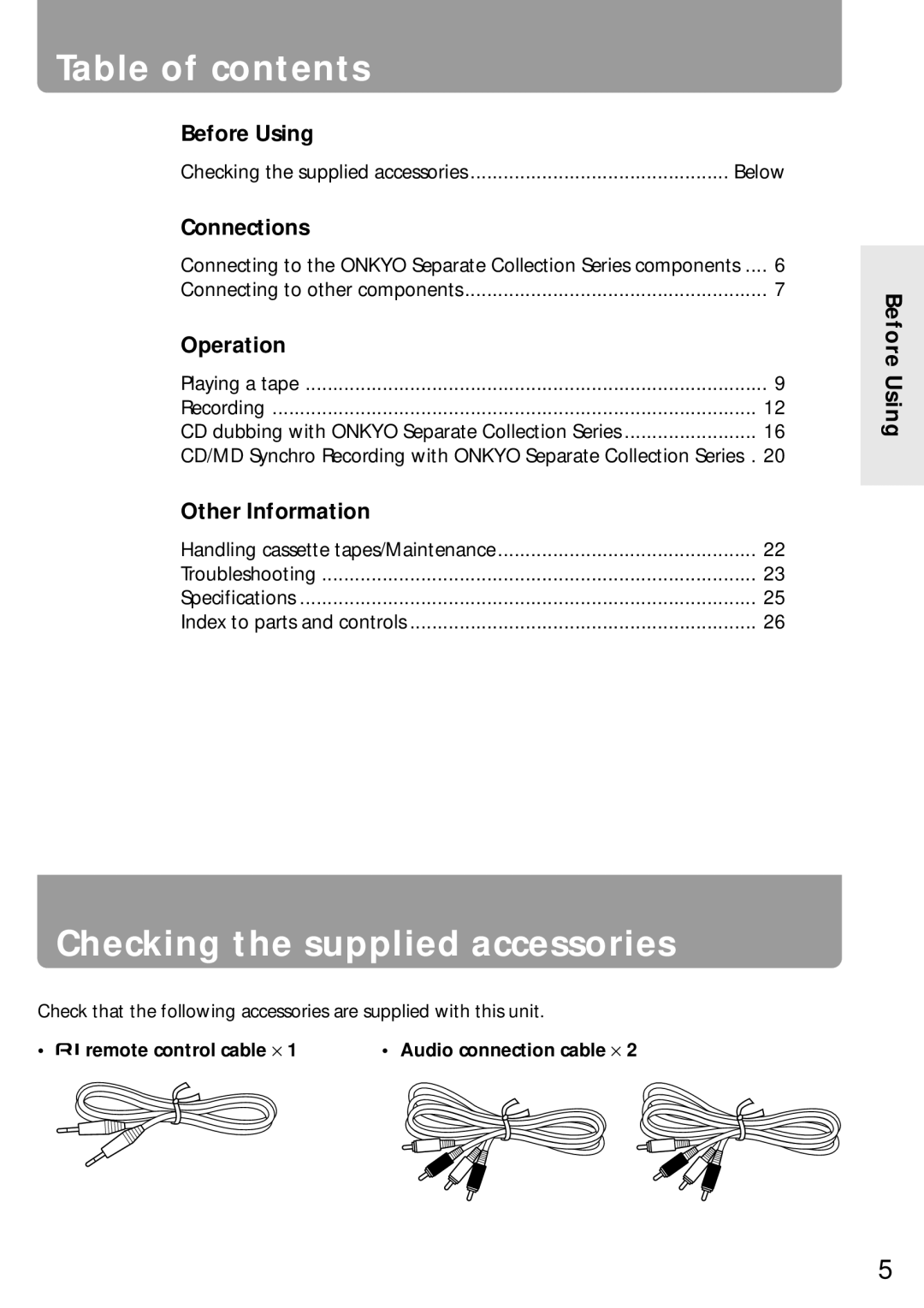 Onkyo K-505TX instruction manual Table of contents, Checking the supplied accessories 