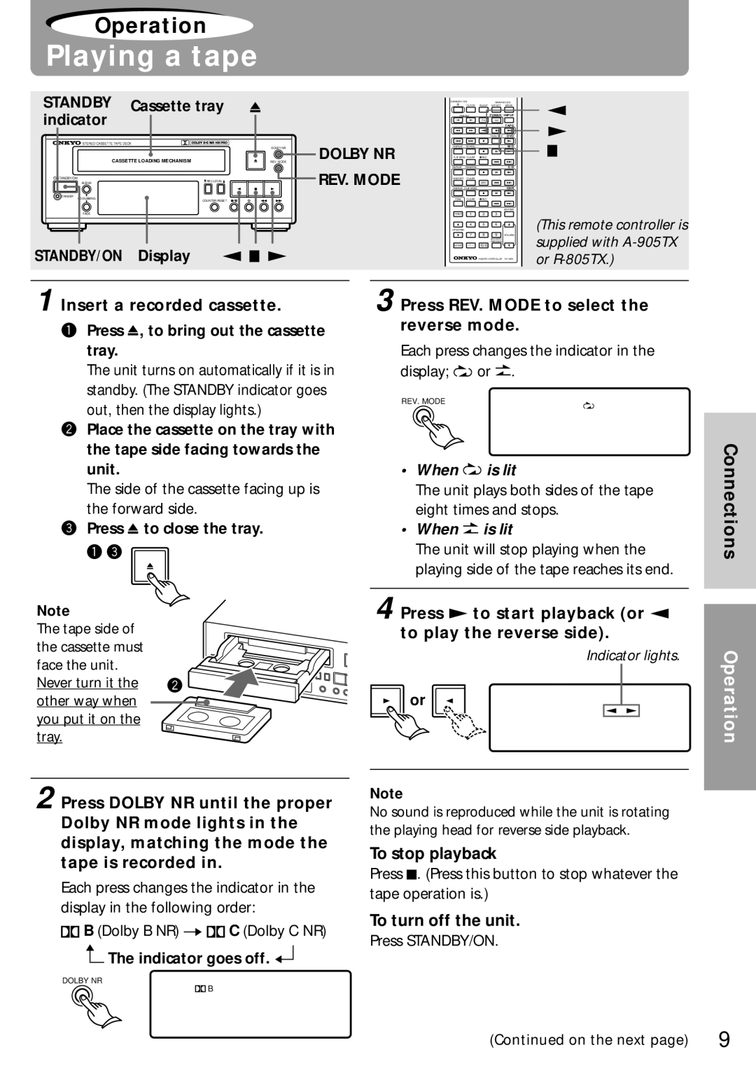 Onkyo K-505TX instruction manual Playing a tape 