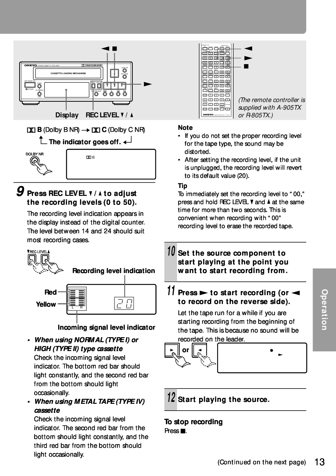 Onkyo K-505TX instruction manual Start playing the source To stop recording 