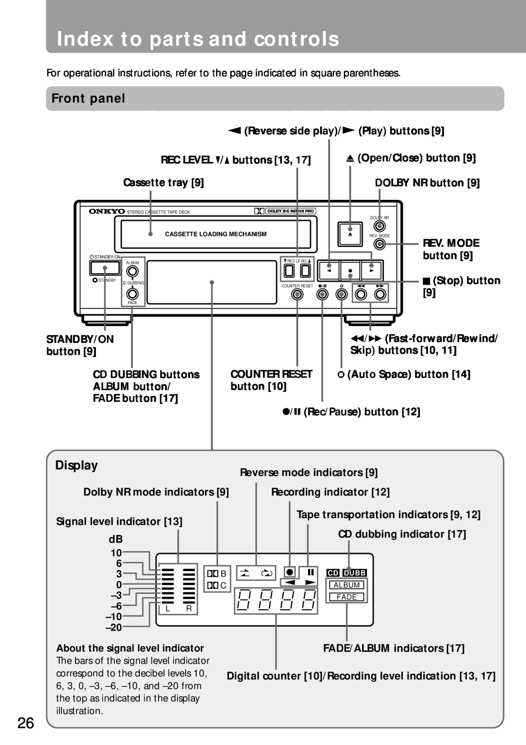 Onkyo K-505TX instruction manual Index to parts and controls, Front panel, Display 
