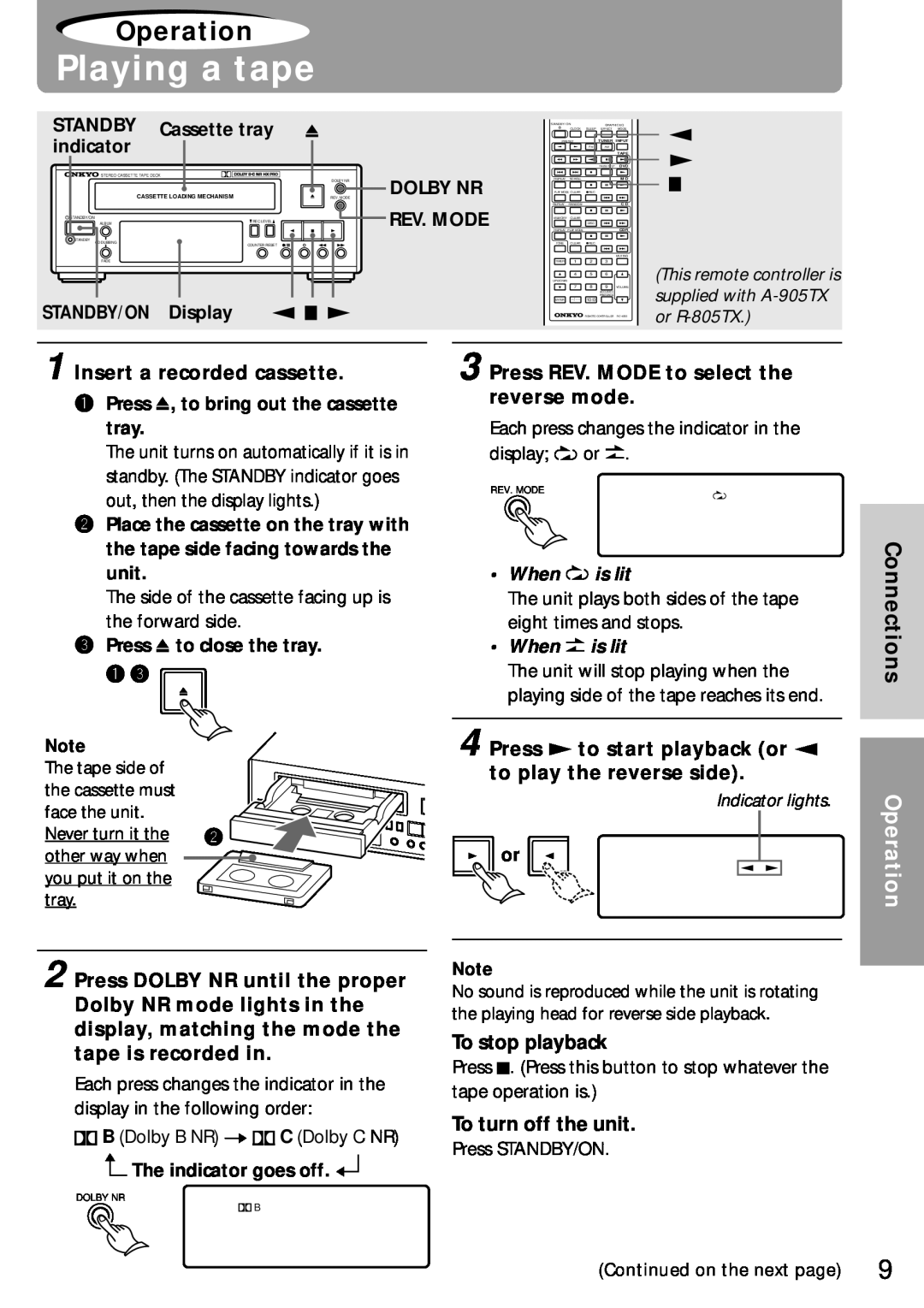 Onkyo K-505TX instruction manual Playing a tape, Operation, Connections, When is lit, Indicator lights 