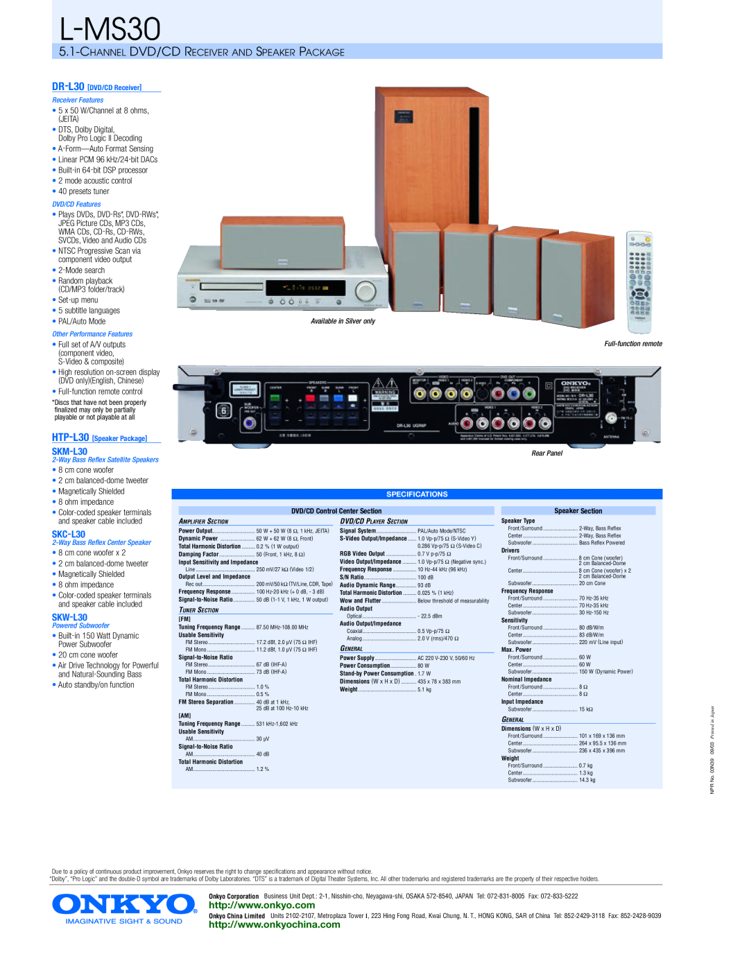 Onkyo L - MS30 manual L-MS30, SKM-L30, SKC-L30, SKW-L30, Channel Dvd/Cd Receiver And Speaker Package 
