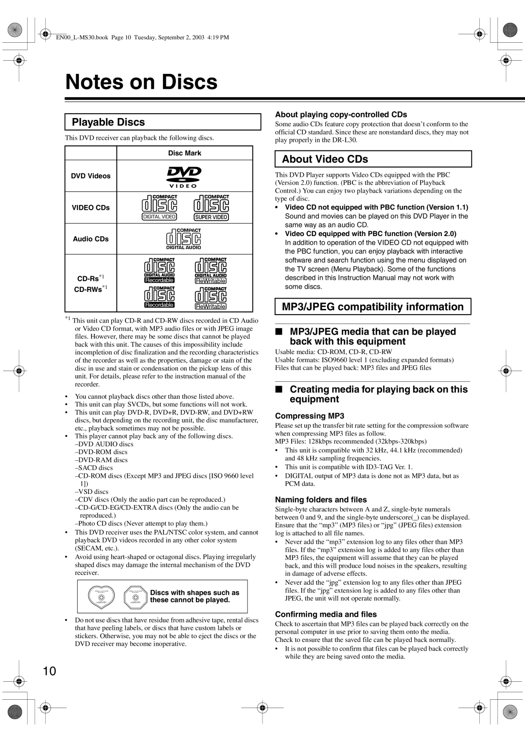 Onkyo L-MS30 instruction manual Playable Discs, About Video CDs, MP3/JPEG compatibility information 