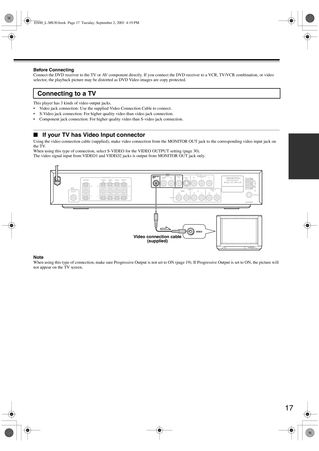 Onkyo L-MS30 Connecting to a TV, If your TV has Video Input connector, Before Connecting, Video connection cable Supplied 