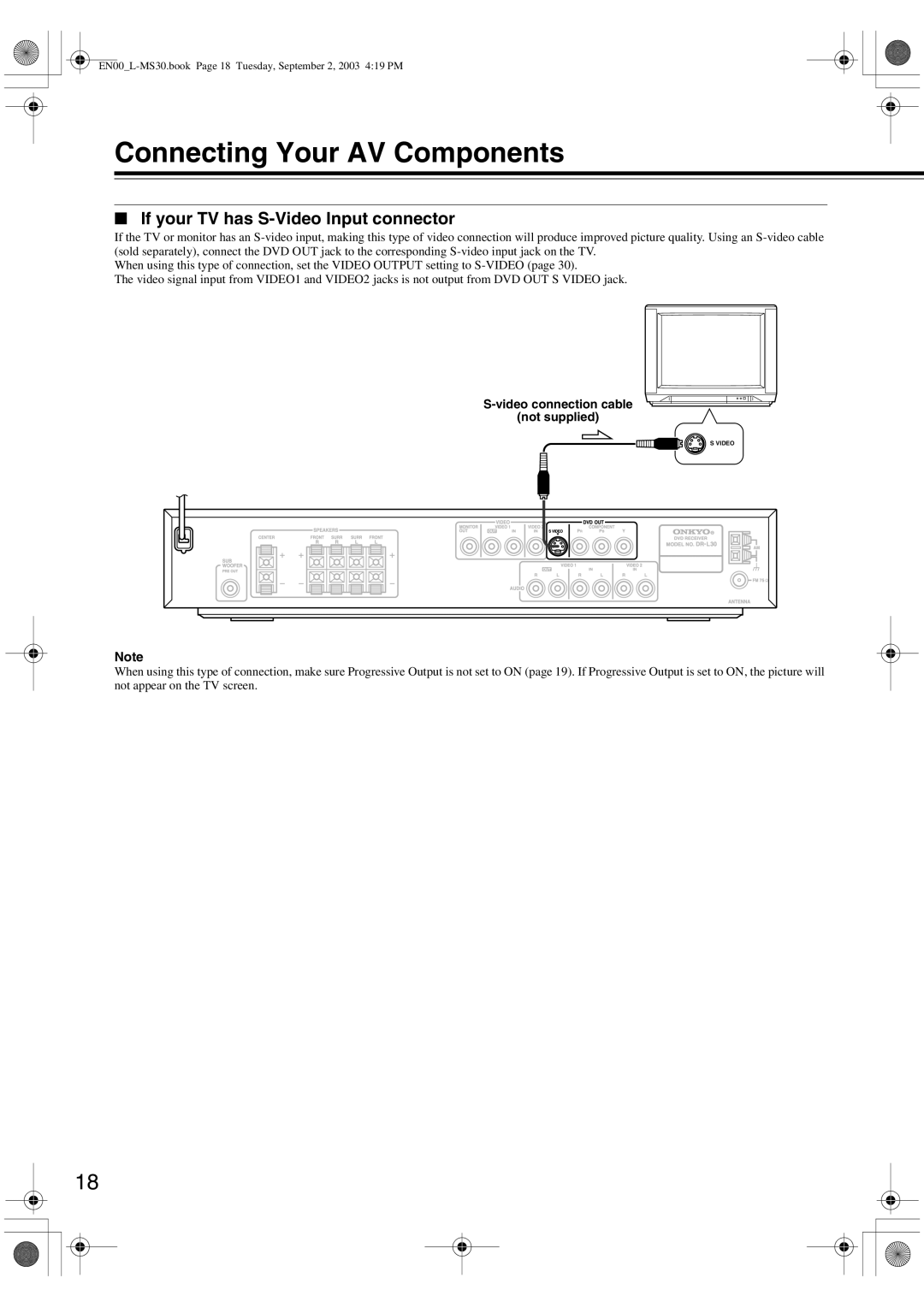 Onkyo L-MS30 Connecting Your AV Components, If your TV has S-Video Input connector, Video connection cable Not supplied 