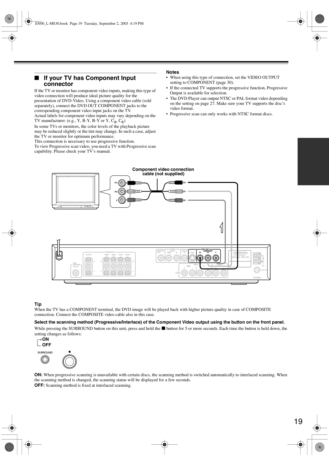 Onkyo L-MS30 If your TV has Component Input Connector, Component video connection Cable not supplied Tip, Off 