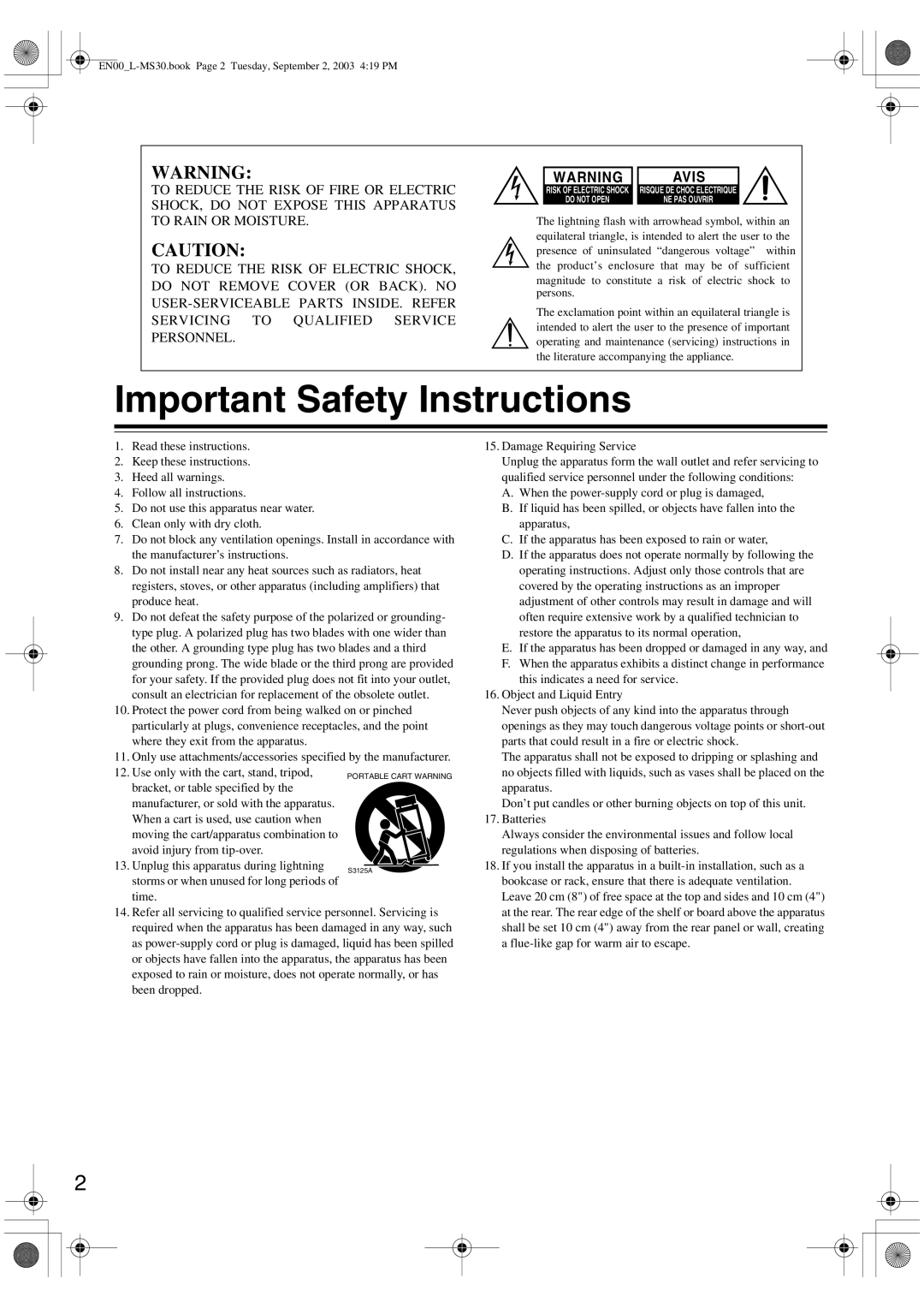 Onkyo L-MS30 instruction manual Important Safety Instructions, Avis 