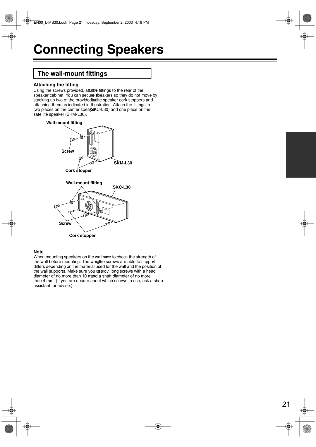 Onkyo L-MS30 instruction manual Connecting Speakers, Wall-mount fittings, Attaching the fitting, SKM-L30, SKC-L30 