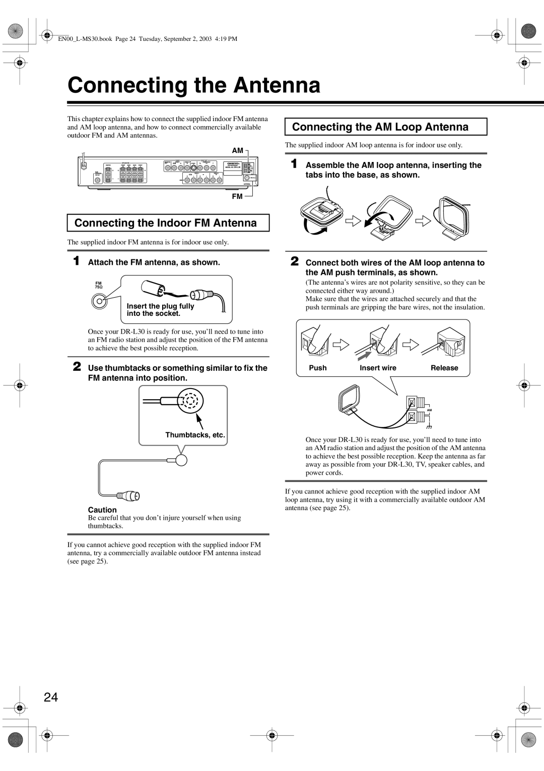 Onkyo L-MS30 instruction manual Connecting the Antenna, Connecting the AM Loop Antenna, Connecting the Indoor FM Antenna 