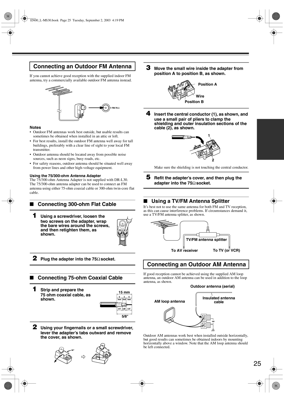 Onkyo L-MS30 Connecting an Outdoor FM Antenna, Connecting an Outdoor AM Antenna, Connecting 300-ohm Flat Cable 