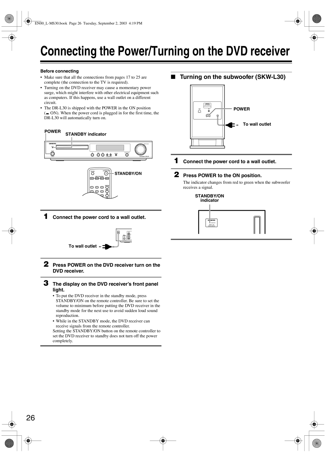 Onkyo L-MS30 Turning on the subwoofer SKW-L30, Connect the power cord to a wall outlet, Power, Standby/On 