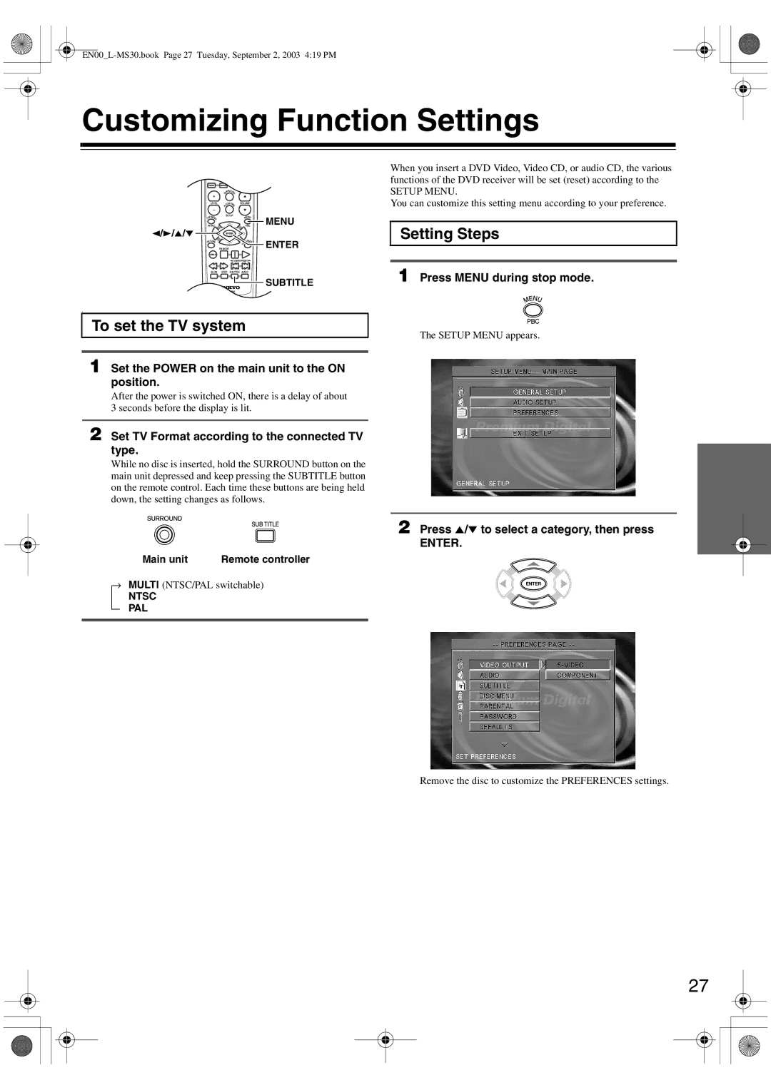 Onkyo L-MS30 instruction manual Customizing Function Settings, To set the TV system, Setting Steps 