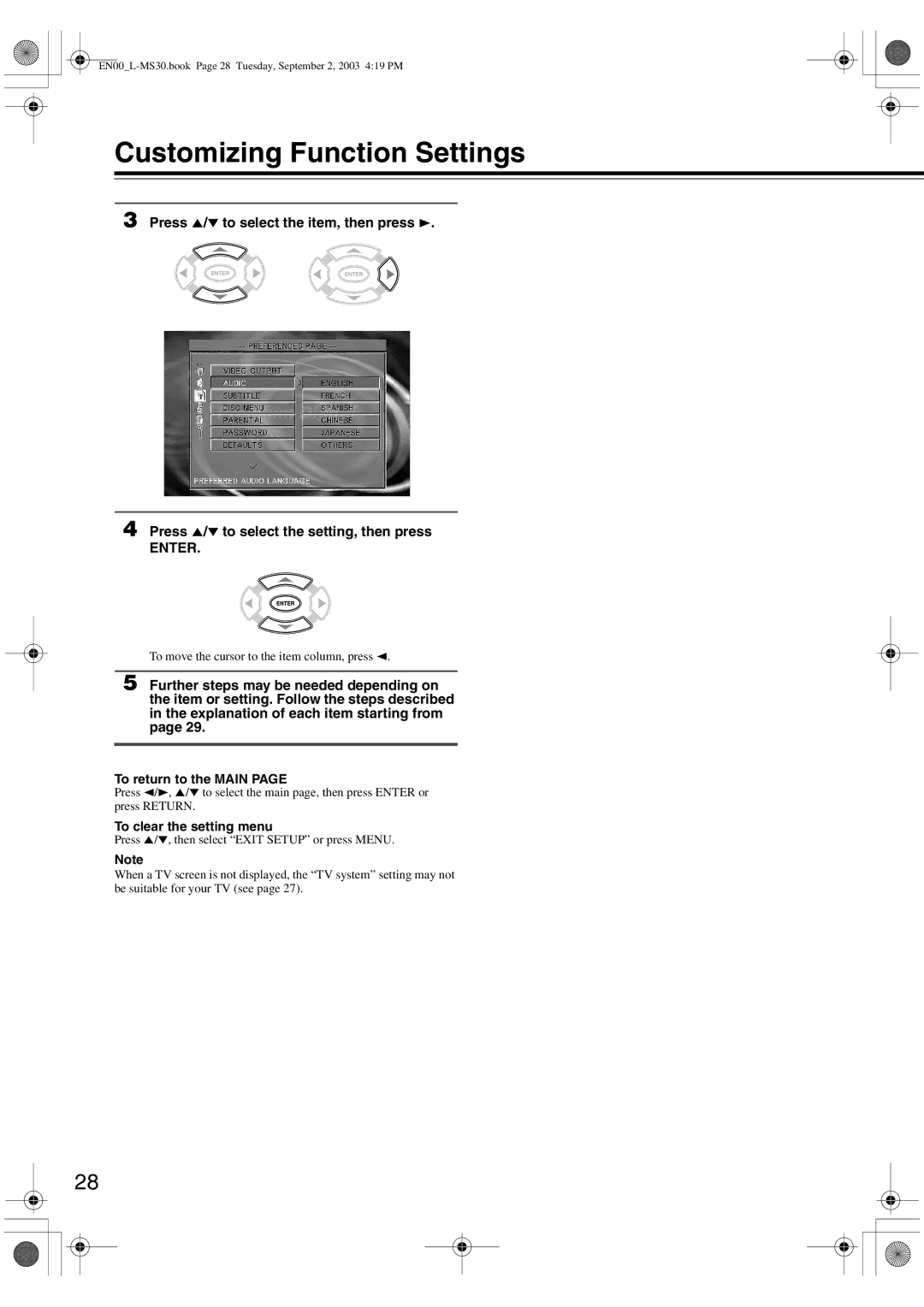 Onkyo L-MS30 instruction manual Customizing Function Settings, To return to the Main, To clear the setting menu 