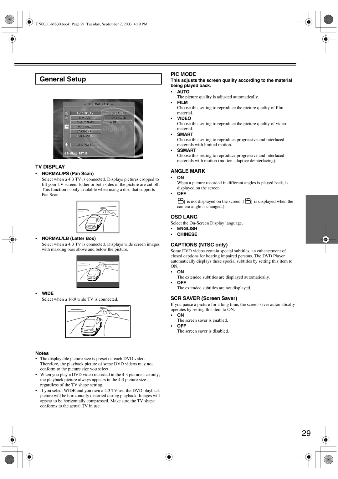 Onkyo L-MS30 instruction manual General Setup, Captions Ntsc only, SCR Saver Screen Saver 