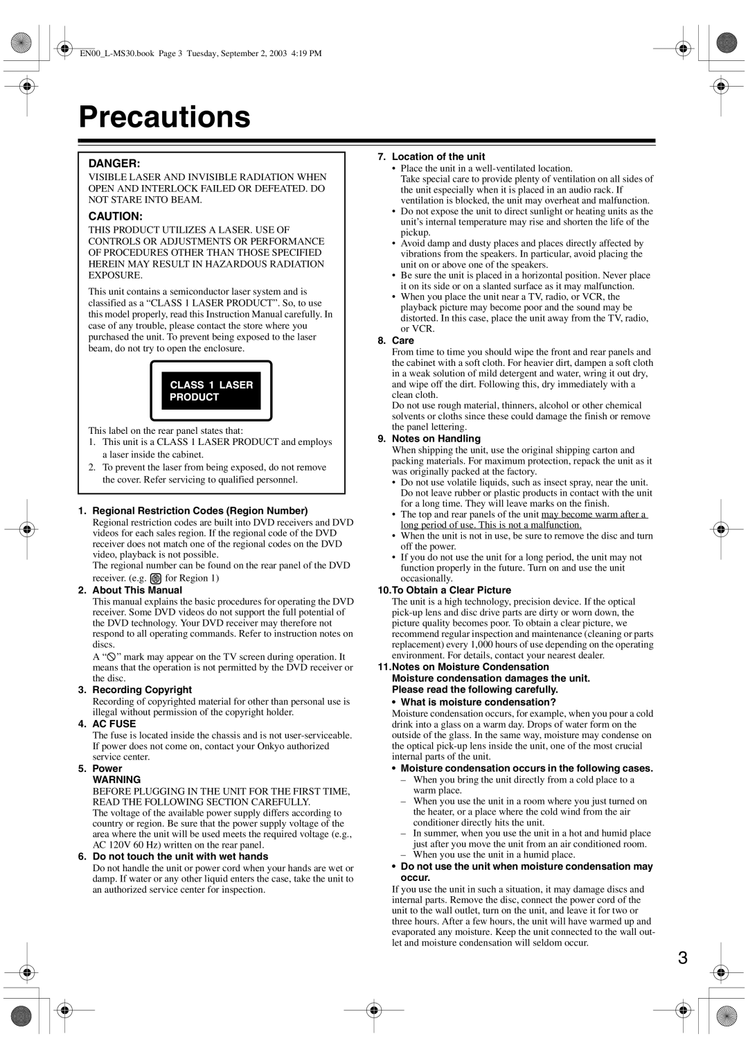 Onkyo L-MS30 instruction manual Precautions, AC Fuse 