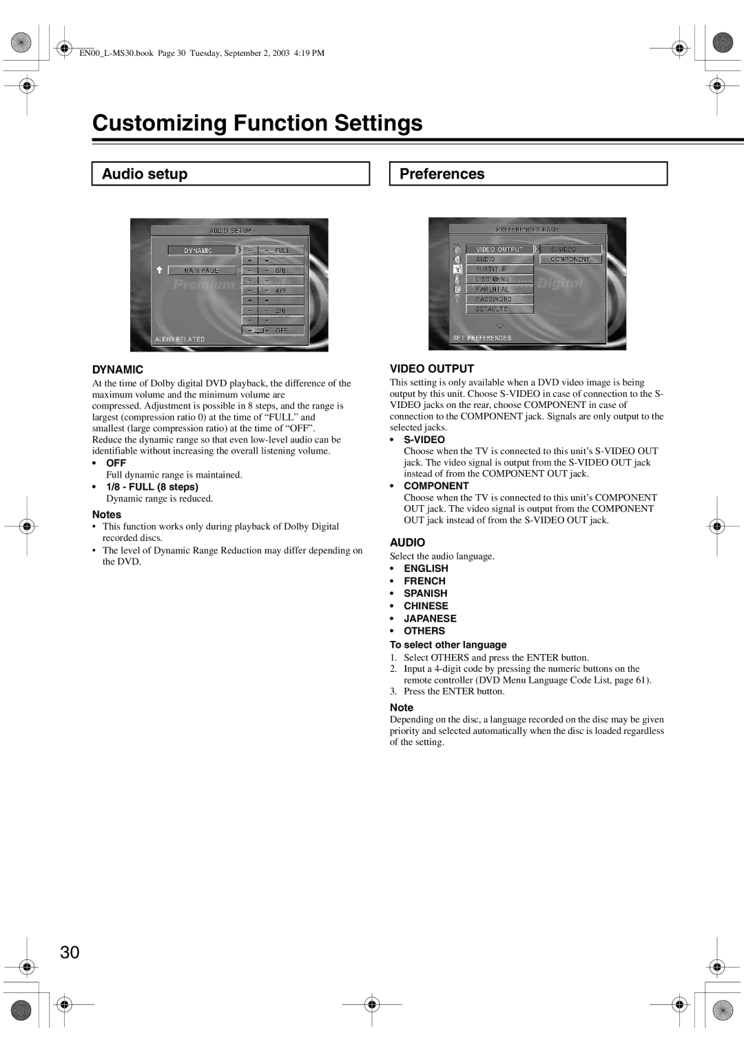 Onkyo L-MS30 Audio setup Preferences, Full 8 steps, Component, English French Spanish Chinese Japanese Others 