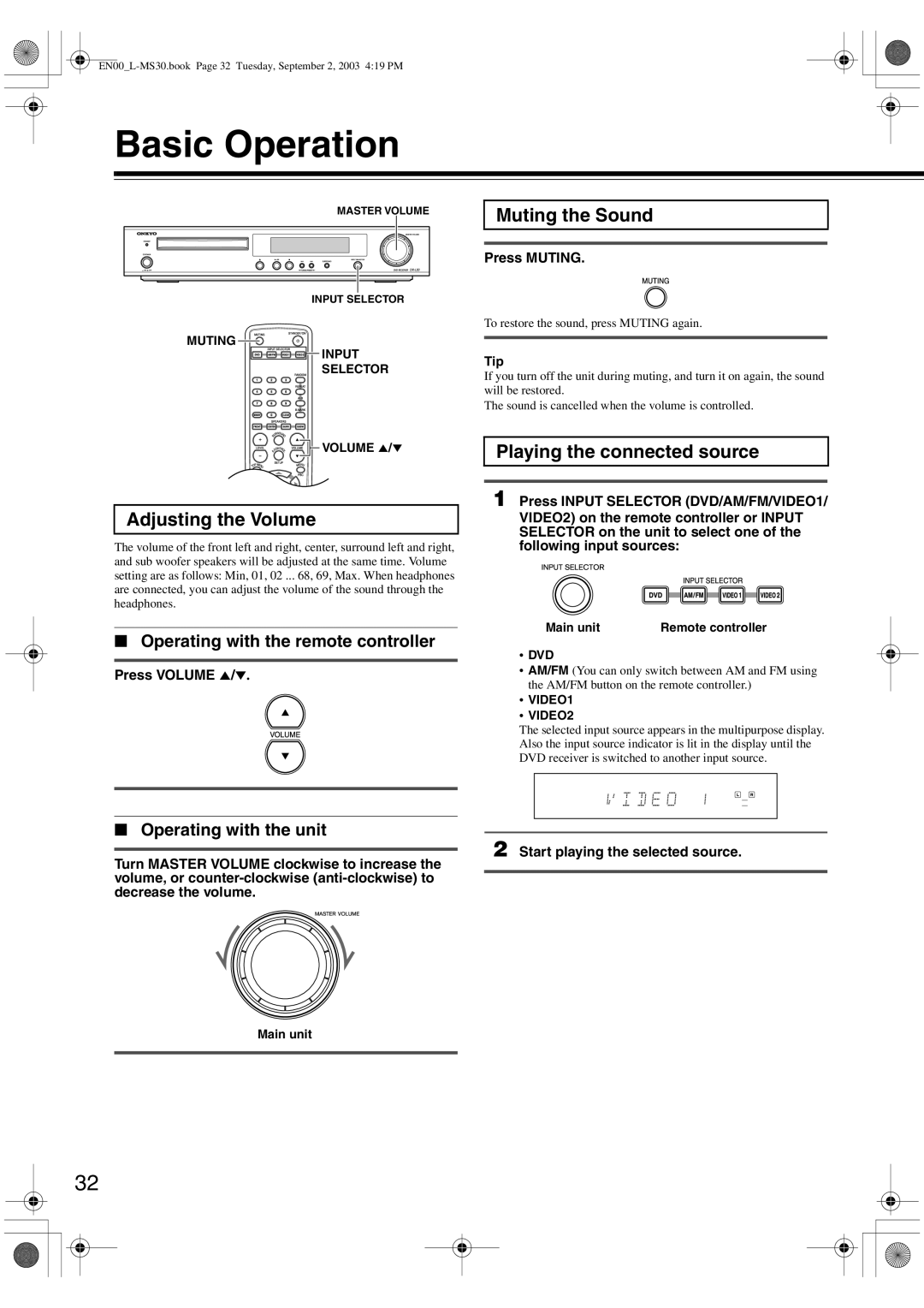 Onkyo L-MS30 instruction manual Basic Operation, Muting the Sound, Adjusting the Volume, Playing the connected source 