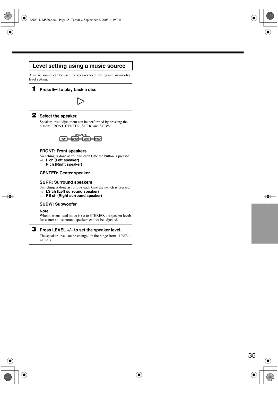 Onkyo L-MS30 instruction manual Level setting using a music source 