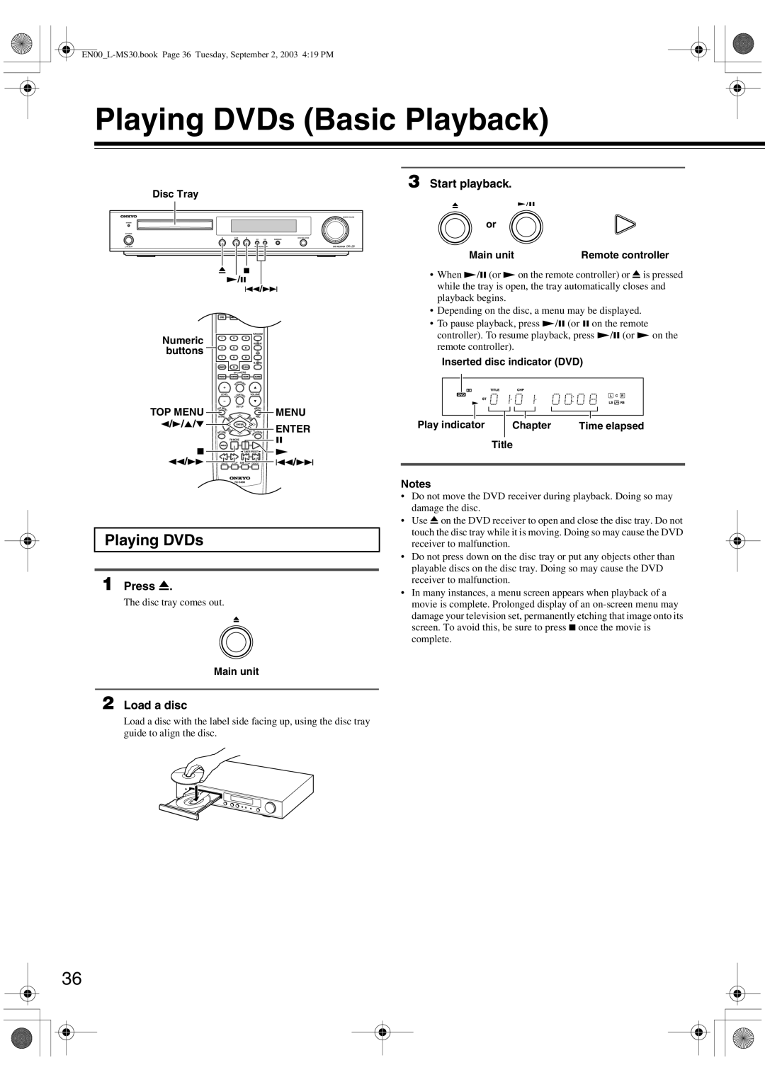 Onkyo L-MS30 instruction manual Playing DVDs Basic Playback, Press, Start playback, Load a disc 